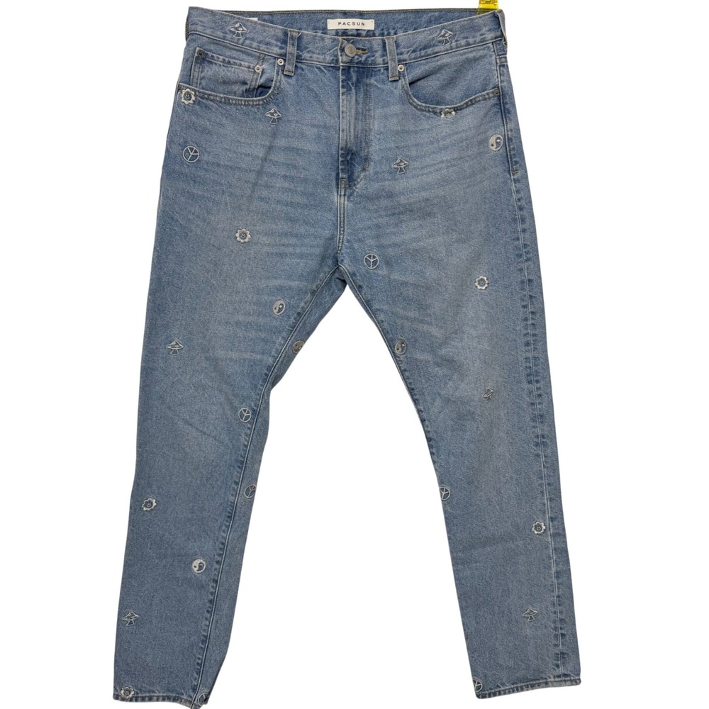 PacSun Slim Taper Embroidered Jeans Mens 34x32 Mushroom Peace Light Wash‎ Denim